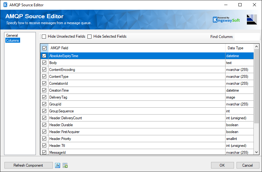 AMQP SSIS Source Component - Columns